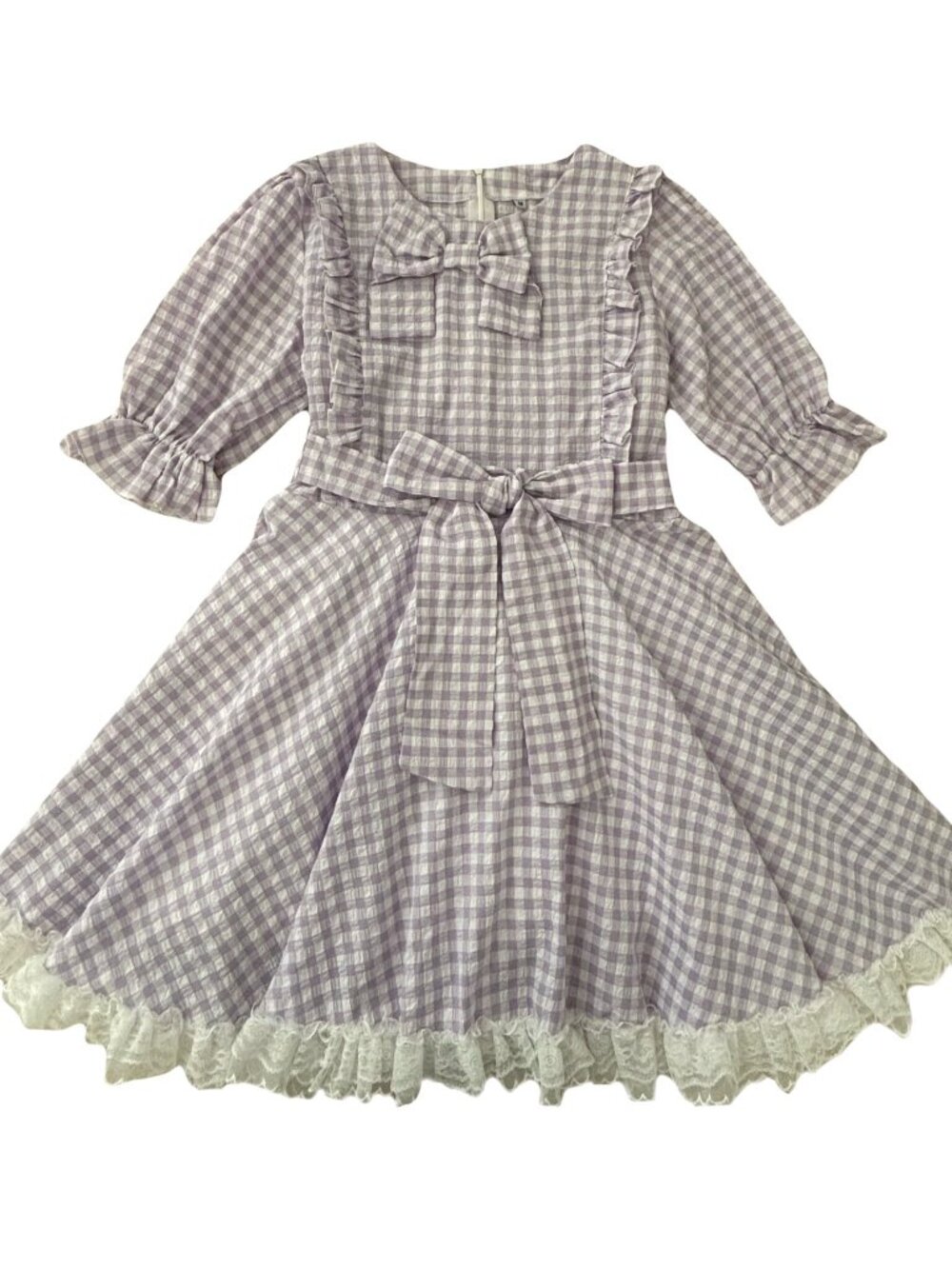 Purple plaid bow bubble sleeves mini dress